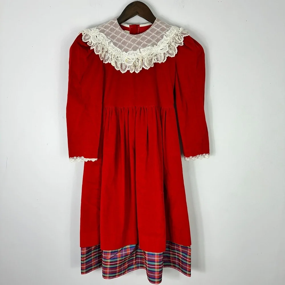 Sarah Kent Girl Dress 7 Red Velvet Lace Collar Plaid Victorian Christmas Cottage